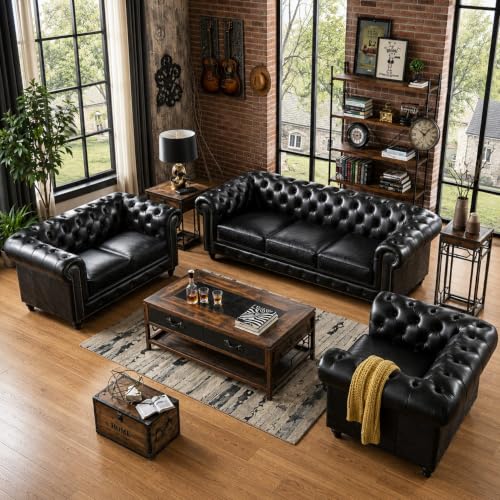 Image of Modern Classic Design Leatherette Luxury Chester Sofa Set with Button Tufted, Sofa for Living Room Home, Office, Living Room Set, Hotle and Lobby (Black, 3+2+1=6 Seater Sofa)