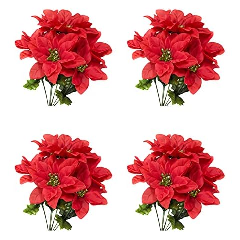 Marooma Artificial Poinsettia Bouquet, 4 Pack 7 Heads Real Touch Fake Poinsettia Red Poinsettias Flower Bushes Silk Poinsettia Long Stems Faux Flower for Home Decor Cover