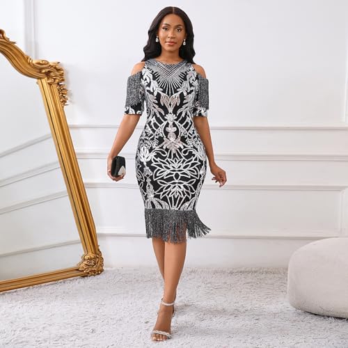 Image of Cololura Sexy Elegant Women Sequin Long Sleeve Tassel Bodycon Midi Dress Party Evening Gown Formal Dress