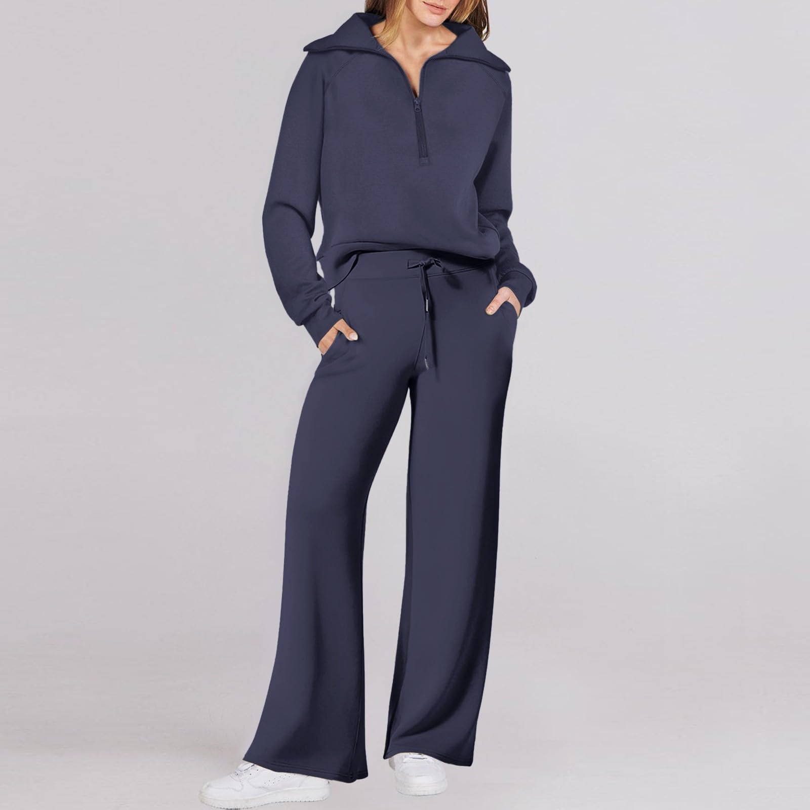 Generisch Tuta da donna in due pezzi da donna tuta sportiva 2 pezzi da donna felpa con cerniera quarta e gamba larga, pantaloni della tuta da donna, Blu marino, M