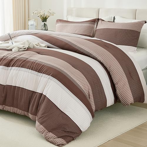 Litanika Brown Comforter Set California King - 3 Pieces Lightweight Brown White Colorblock Stripe Fluffy Bedding Comforter Sets, All Season Bed Set