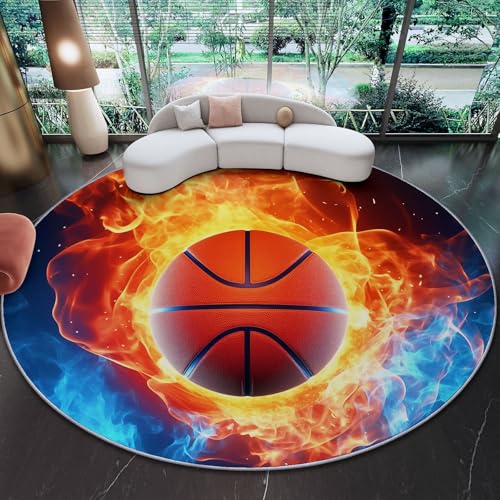 Alfombra Redonda Antideslizante 90 cm - Rojo Azul Alfombra Redonda Estampada de Franela Abstracto Llamas Baloncesto, Esponjoso Suave Alfombras para Sala de Estar Entrada