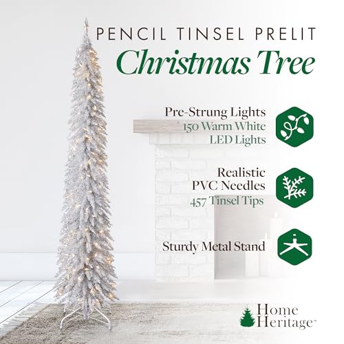 Home Heritage 7ft Slim Silver Tinsel Christmas Tree — Pre-Lit with 150 Warm White LED Lights and 457 Branch Tips — Indoor Holiday Decor