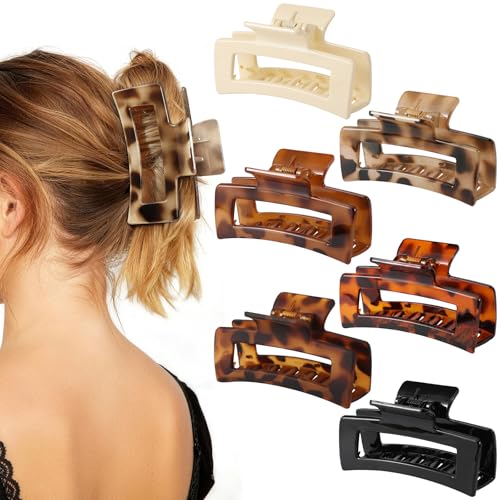 Auseibeely 6 Pack 4.1 Inch Large Claw Clips for Thick Hair Big Tortoise Shell Claw Clip for women Square Hair Clips for Thick/Long/Curly Hair Strong Hold Non-slip Baseball Jaw Clip Accessories