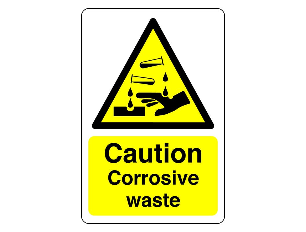 Safety First Display LTD Caution Corrosive waste sign - High tack self-adhesive sticker (200mm x 150mm) Viewing Distance within 5m.