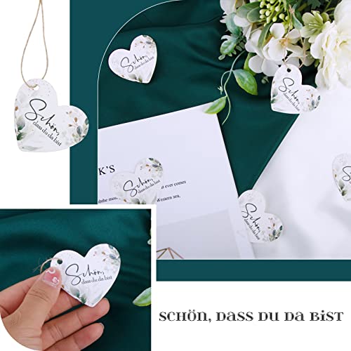 50 Stück Geschenkanhänger Hochzeit Schön dass du da bist Etiketten Herz Anhänger Eukalyptus Tags Gastgeschenke Deko Party Geschenke zum Basteln mit 10m Jute Schnur (50)