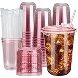 100 Sets 16oz Disposable Stemless Plastic Cups with Strawless Sip Lids, Clear PET Coffee Cups for Iced Coffee, Smoothies, Cold Drinks, Halloween, Christmas, Party and Drink Shop Supplies (Pink (16oz))