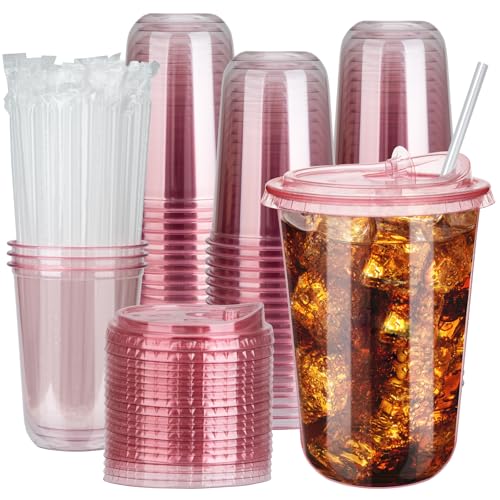 100 Sets 16oz Disposable Stemless Plastic Cups with Strawless Sip Lids, Clear PET Coffee Cups for Iced Coffee, Smoothies, Cold Drinks, Halloween, Christmas, Party and Drink Shop Supplies (Pink (16oz))