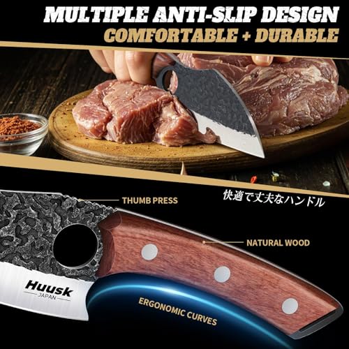 Huusk Butcher Knife Set of 3- Japanese Knife Set for Meat Cutting, Hand Forged Viking Knives Sets with Meat Cleaver, Heavy-Duty Kitchen Knives Sets for Bone BBQ Vegetable, Christmas Gifts for Men - Image 4
