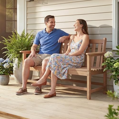 Image of VINGLI 49in HDPE Outdoor Bench with Backrest and Armrests, 2-Person Weatherproof Patio Bench, Heavy Duty 600 lbs Capacity, Low Maintenance Garden Benches for Porch Backyard Poolside Park (Teak)