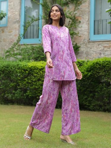 Image of GRECIILOOKS Co-ord Set for Women Stylish | Kurtis | Anarkali Viscose Printed Kurta & Straight Pant Sets | Festive Ethnic Indian Traditional Outfit for Functions & Puja | 3 /4 Half Sleeve