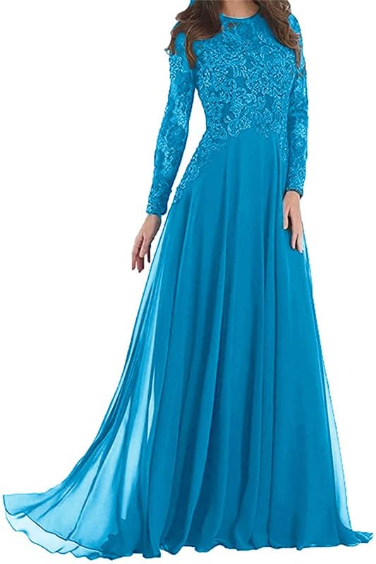 Lace Applique Mother of The Bride Dresses Chiffon Long Wedding Guests Gown Long Sleeve Formal Evening Dress3