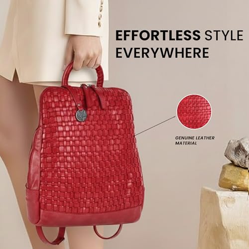 Image of 12.5 Inch Genuine Leather Backpack for Women and Men, Red Leather Backpack with Adjustable Shoulder Strap