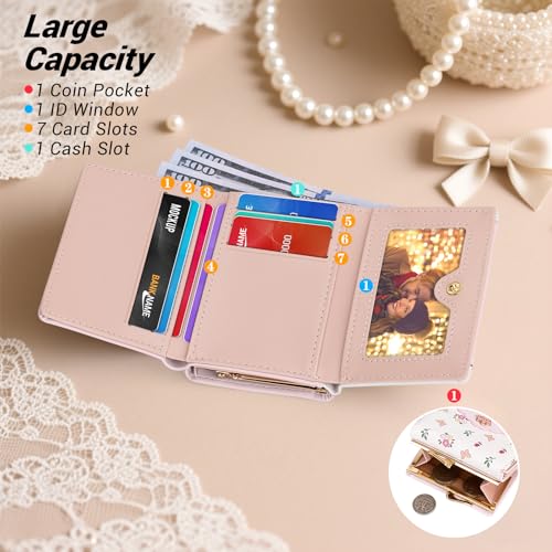 Image of YINHEXI Cute Trifold Wallet for Women Girls, Press-Lock Coin Wallet with ID Window, PU Leather Floral Small Wallet, Fits Purses & Pockets (Floral Pink2)