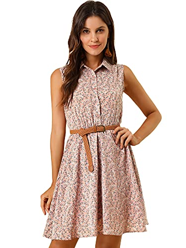 Image of Allegra K Women's Floral Printed Half Placket Above Knee Summer Sleeveless Belted Dress