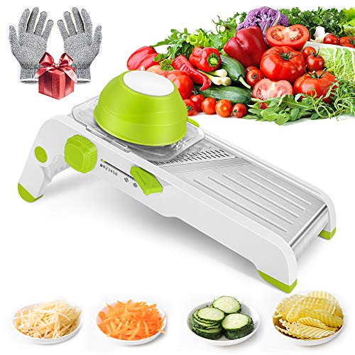 Mandoline Slicer with Cut-Resistant Gloves VEEAPE Adjustable Mandolin Vegetable Slicer Multi Blade Grater Julienne for Potato Onion Fruit Foldable Stainless Steel Kitchen Waffle Fry Cutter