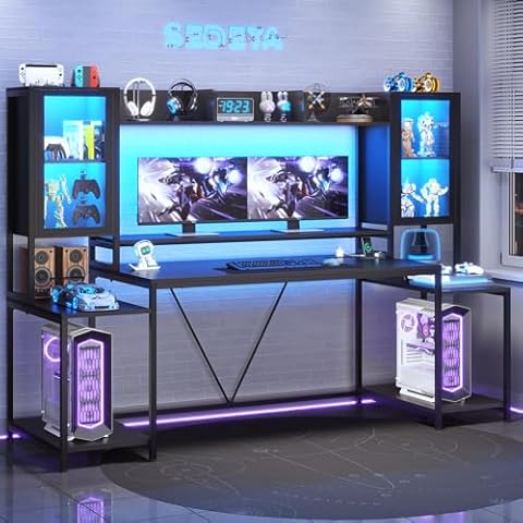 SEDETA Gaming Desk 74.8'' with LED Lights, Hutch and Storage Shelves, Computer Desk with Monitor Stand, Large PC Gamer Desk Workstation, Ergonomic Gaming Table for Bedroom, Living Room, Black Cover