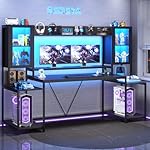 SEDETA Gaming Desk 74.8'' with LED Lights, Hutch and Storage Shelves, Computer Desk with Monitor Stand, Large PC Gamer Desk Workstation, Ergonomic Gaming Table for Bedroom, Living Room, Black