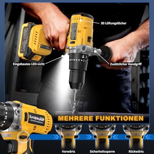 Bild 5 - Akkuschrauber mit Schlagbohrfunktion 21V - 120Nm Bürstenloser Akku Schlagbohrschrauber Set mit 2x4Ah Akkus, 20+3 Drehmomentstufen Akku bohrmaschine, 13mm Bohrfutter, 2 Gang, 35-tlg Zubehör