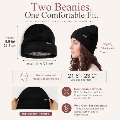 Image of 2 Pack Satin Lined Beanies for Men and Women Warm Cuffed Winter Hats | 60% cotton and 40% acrylic knit with smooth satin lining, stretch fit, cuffed ear coverage, and two-hat value for winter wear