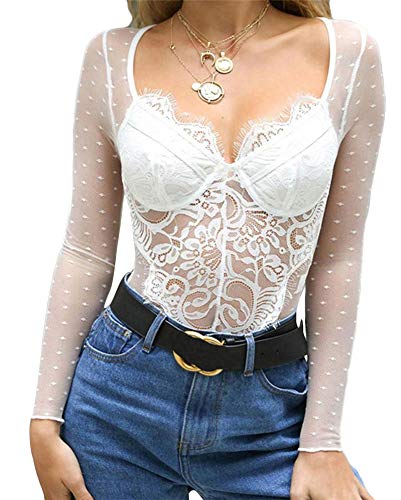 Minetom Dentelle Bodys Femme Combinaison Bodysuit Manches Longues Jumpsuit Playsuit Top Casual Chic Sexy Col V Dos Nu Shirts B Blanc 36