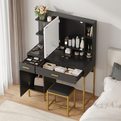 GarveeHome Makeup Vanity Desk, Vanity Desk with Lights in 3 Colors, Vanity Table with Charging Station, Visible Drawers, Black