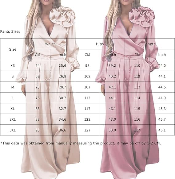 Women's two-piece suit, satin 3D flower V-neck long-sleeved top wide-leg pants suit, sexy, elegant solid color satin2