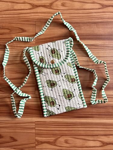 Image of Avocado & Green Floral Block Print Cotton Quilted Mobile Sling Pouch for Women | Handcrafted Crossbody Phone Bag, Gift for Her | Striped Strap, Brass Snap Button & Zip Pocket, India Handmade