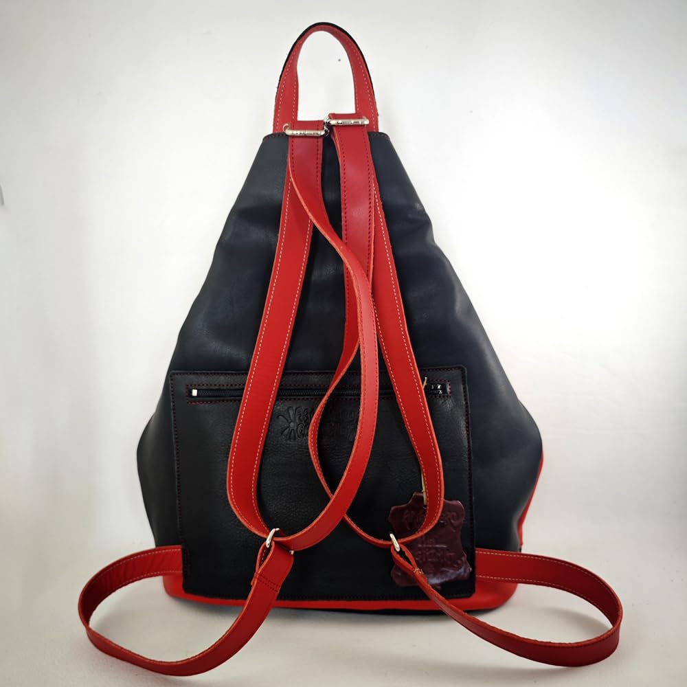 Mochila bolso antirrobo de piel Rojo/Negro, Mochila de piel auténtica en rojo y negro