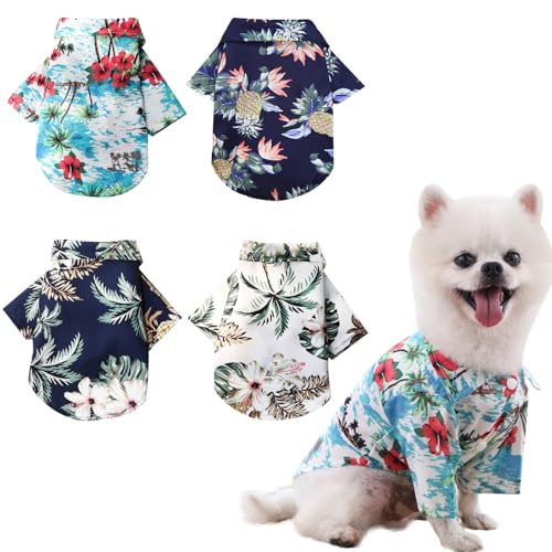 4 Pièces Petit Chien, Hawaïenne D&rsquo;été T-Shirt en Coton Doux Respirant Vêtements, Manches Courtes, Petit Chien et Chat, Chemise pour Chien, Coton Doux et Respirant