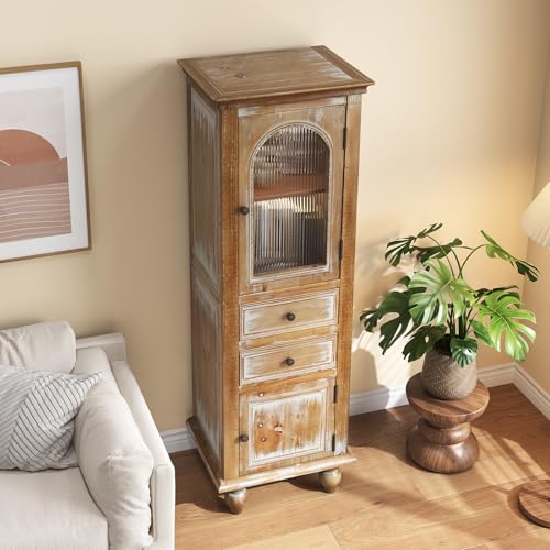 Image of LKTART 60 inch Tall Kitchen Pantry Storage Cabinet;WoodenGlass Display Cabinet | Solid Wood Frame;Farmhouse /French Country Narrow Corner Glass Display Cabinet;Narrow Storage Cabinet;Tall Accent Cabinet