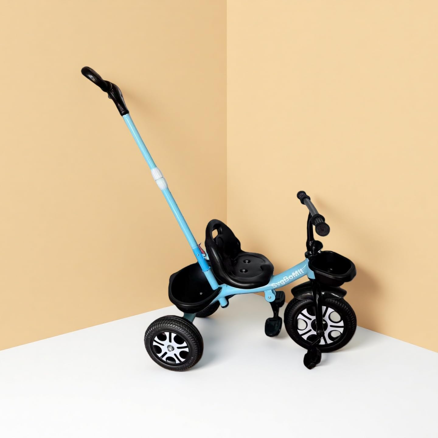 Kids Tricycle with Extended Push Bar, Stable Triangle Structure, Adjustable Parent Handle, Storage Basket, Safety Belt, Blue, for Ages 2-5 Years, 110 lbs Max Weight (Blue)