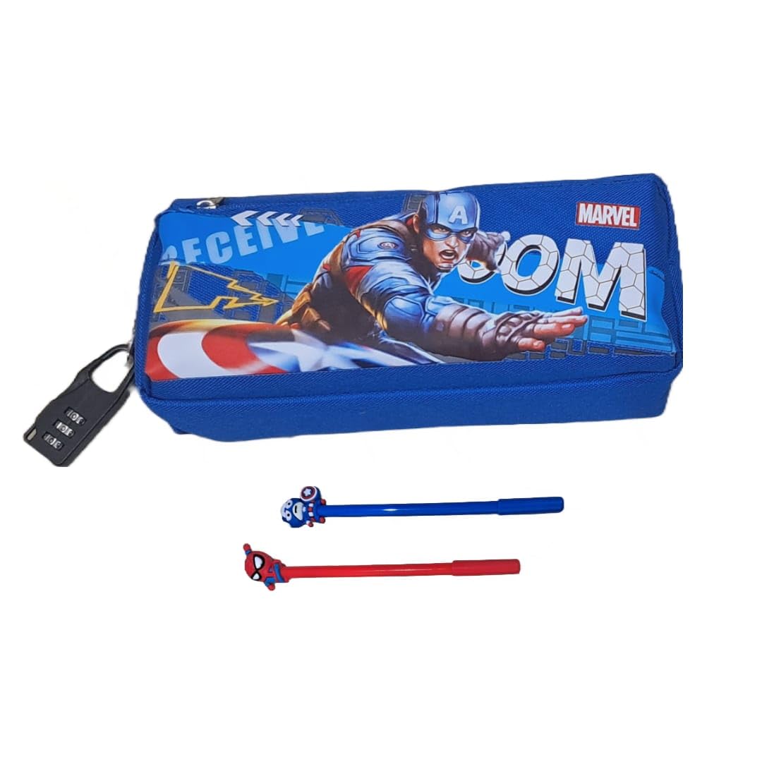 FETE PROPZ M@RVL Capt@in Amrica Pouch Multi-Purpose Lock Pouch with 2 pens | Double Zipper Pencil Case for Kids, Pencil Box for Kids Stationary Pouch for Students(Captain Lock case with 2 Pen)