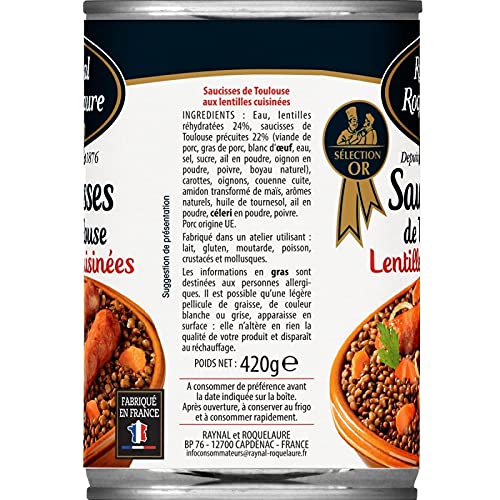 SAUCISSES TOULOUSE AUX LENTILLES CUISINÉES 420G, RAYNAL ET ROQUELAURE, LOT DE 4