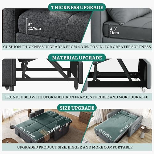 YITAHOME Schlafsofa mit Schlaffunktion, 182x136 cm Sofa, 5-stufig Verstellbarer Rückenlehne, 3-in-1 Schlafcouch mit 2 Kissen & Seitentasche, 2-Sitzer Sofa Bed für Gästezimmer, Grau