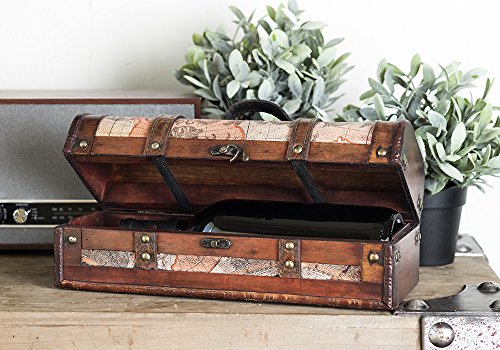 Twine Old World Wine Bottle Gift Box, Wooden Wine Box With Lid And Handle, Holds 1 Bottle, Wood, Faux Leather, Antique Map Design #TOP6