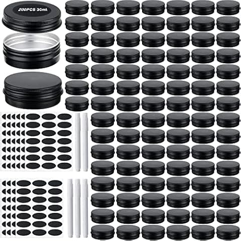 Zubebe 200 Pack Metal Tins Aluminum Containers with Lids Screw Top Round Tin Cans for Cosmetic Lip Balm DIY Salves Candles Wax with 5 Markers 10 Sheets Label Stickers (1 oz, Black) Cover
