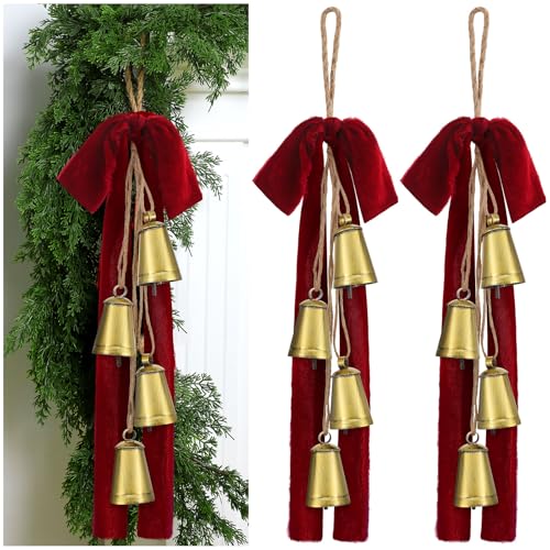 Moxweyeni 2 Pcs Christmas Cow Bells with Velvet Bow 18.5 Inch Vintage Bells with Jute Hanging Rope Rustic Gold Ornaments for Wreath Teardrop Swags Wall Door Outdoor Decoration (Temple Style)