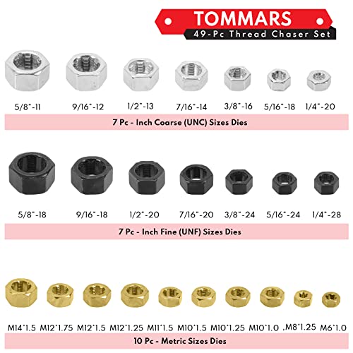 Image of TOMMARS 49-Piece Thread Chaser Set for UNC, UNF and Metric Threads | Thread Repair Kit with Taps, Dies and Thread Files for Rethreading, Restoring and Cleaning Internal and External Threads