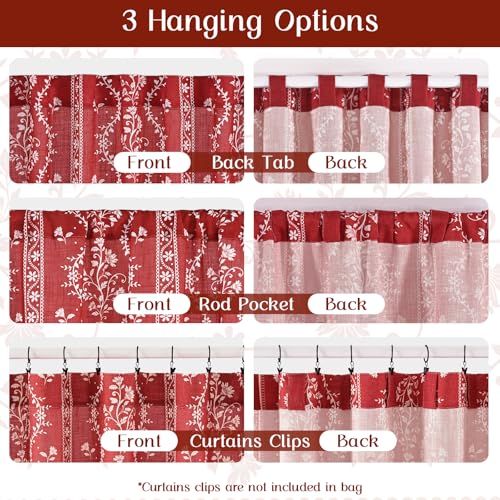 Image of Yinhua Boho Curtains for Living Room 84 Inch Length Vintage Linen Red Curtains for Bedroom Light Filtering Floral Window Curtain Rod Pocket & Back Tabs Farmhouse Rustic Tassel Drapes with Tiebacks