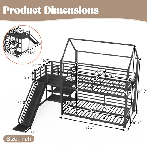 Image of Bellemave Metal Bunk beds Twin Over Twin with Slide and Storage Stairs, House Floor bunk Bed with guardrail for Kids,Black