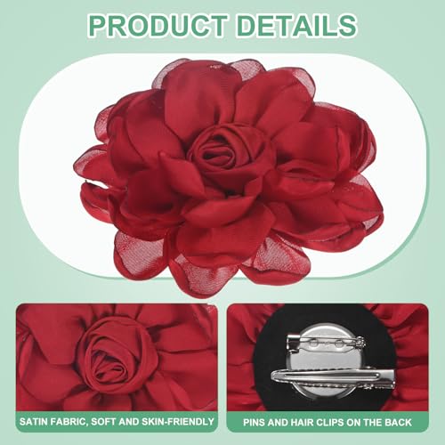 Image of M METERXITY Rose Flower Brooches and Pins for Women, Lapel Pins Dainty Satin Fabric Big Camellia Hair Flowers Clips for Wedding /Parties /Clothes /Jewelry