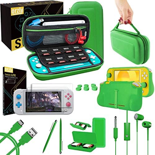 Orzly Switch Lite Accessories Bundle - Case & Screen Protector for Nintendo Switch Lite Console, USB Cable, Games Holder, Comfort Grip Case, Headphones, Thumb-Grip Pack & More (Turquoise Blue)