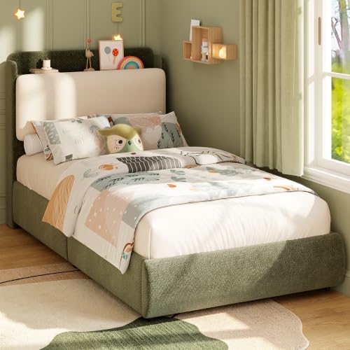 Image of Garvee Twin Size Bed Frame with Recessed Shelf for Kids- Green & Beige