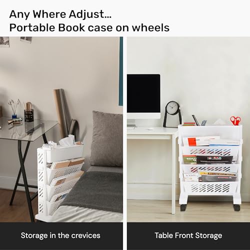 Image of JD FRESH Plastic Mobile Bookshelf with Wheels /Multilayer Deskside Bookcase Rotatable Rolling File Cart Organization Shelf for School /Classroom /Home /Office (4 Tier)