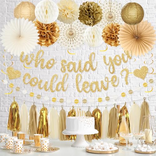 Image of Roetyce Farewell Party Decorations Women Men, Gold Glitter Who Said You Could Leave Banner, Going Away Leaving Goodbye Party Supplies for Coworker Friends, Retirement Photo Backdrop Background Decor