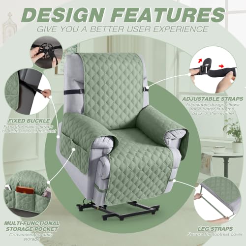Image of TAOCOCO 100% Waterproof Recliner Chair Covers Reversible 22 inch, Sage Green | Recliner Protector with Leg Straps, Washable 1 Seat Reclining Chair Slipcover with Storage Pocket for Pets & Kids