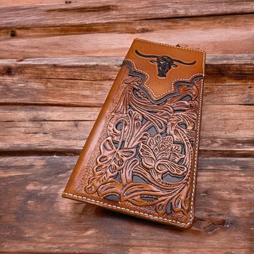 Men’s Long Leather Wallet – Laser Cut Floral Rodeo Bifold with Embossed Longhorn Design – Cowboy Checkbook Wallet for Ranchers, Rodeo Fans & Western Gifts2
