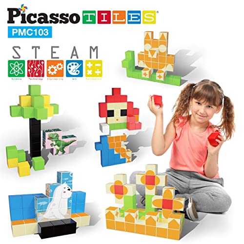 PicassoTiles 103 Pieces 1´´ Magnetic Toy Building Block Cubes Building Block, 3D Cube Construction Cubes Magnet Sensory Toys Gifts Educational with Free Idea Book for Kid, Boy, Girl & Toddler PMC103