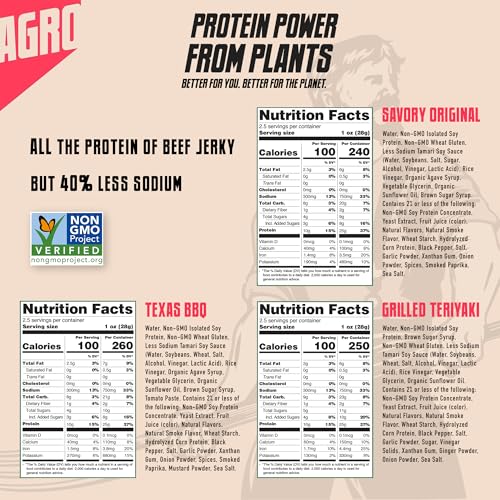 AGRO POWER Vegan Jerky Variety Pack, Savory Original, Texas BBQ, Grilled Teriyaki Plant-Based Jerky, Non-GMO, High Protein, 40% Less Sodium, Zero Cholesterol, Meatless Vegetarian Healthy Snack, 3 Pack